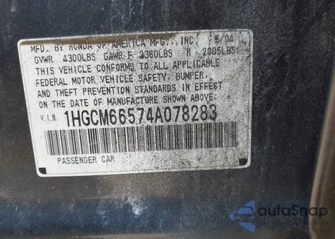 2004 Honda Accord 3.0 Ex из США, поврежденный, VIN 1HGCM66574A078283